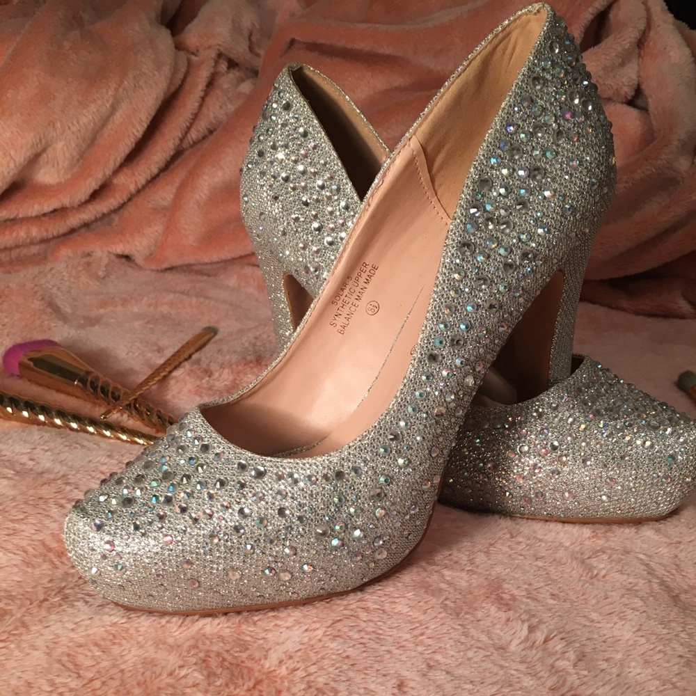 Crystal-Embellished Silver Platform Heels - Women's Dress Pumps